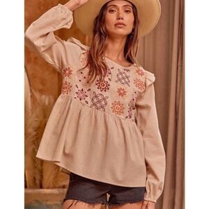 Savannah Jane women’s blouse boho baby doll embroidered top size medium